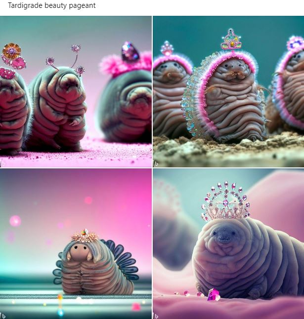This meme is a humorous image of a group of "Tardigrades" (also known as "Water Bears") wearing beauty pageant outfits and accessories, such as tiaras and sashes. The text "Tardigrade beauty pageant" is written above the image. The meme is likely intended to poke fun at the idea of a scientific creature like a Tardigrade being involved in a typically human activity like a beauty pageant.